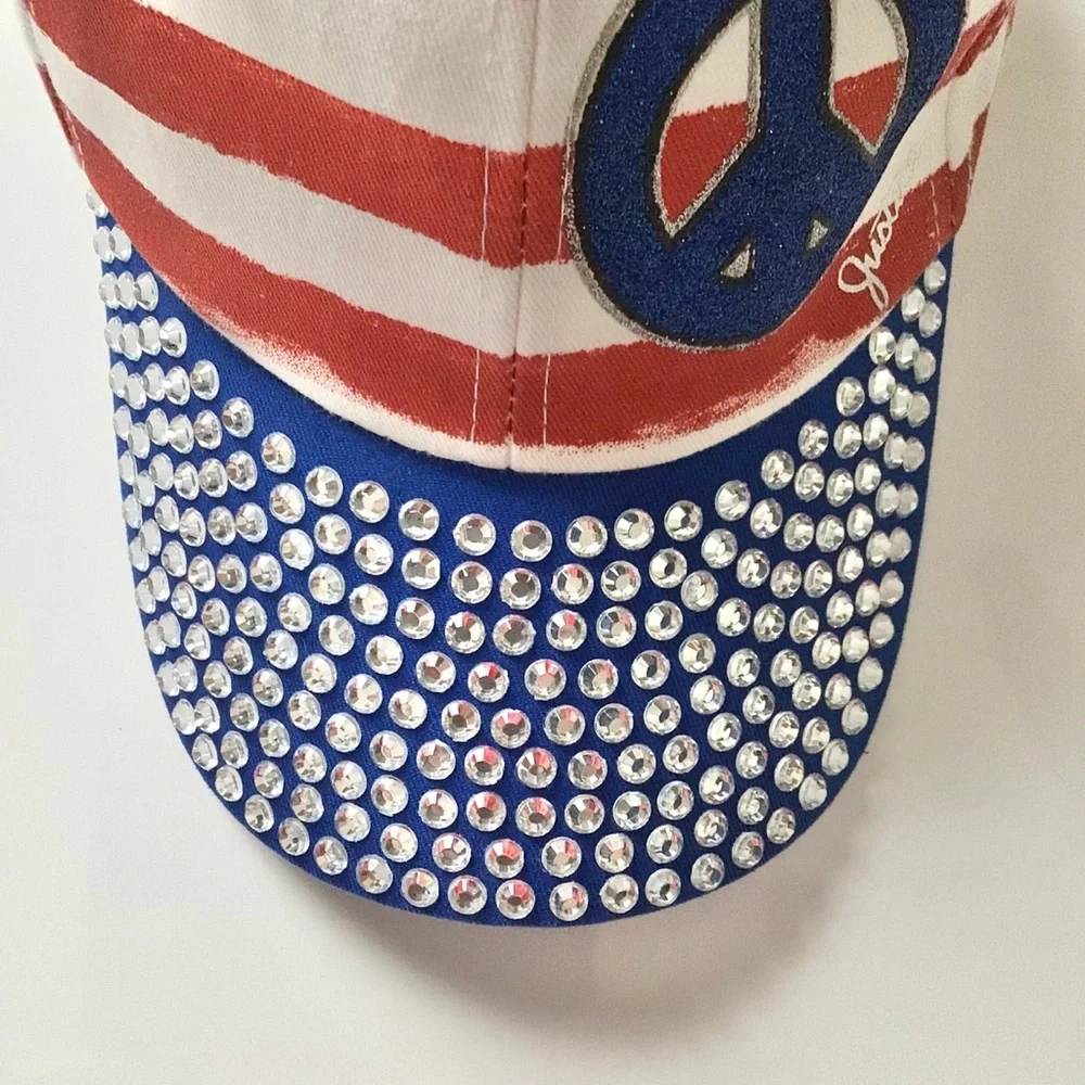 Justice Patriotic Blinged Peace Hat Red White Blue Silver OS